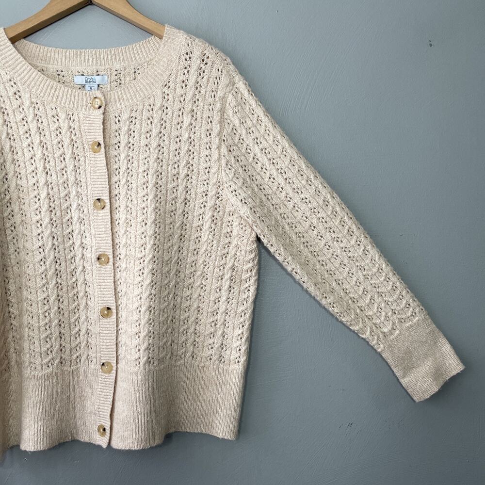 Crochet Open Knit Cardigan Petite Size Large Cream Wool Boho Cottagecore Sweater - Picture 2 of 9